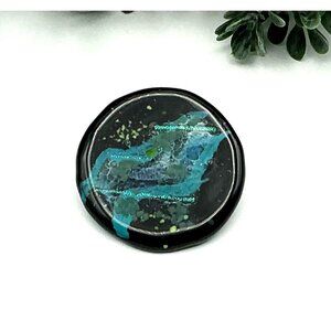 Handcrafted Black and Teal Abstract Glass Pin With Glitter Accents